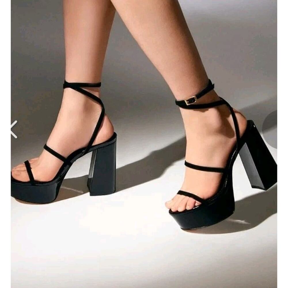 Platform Block Heel Strappy Sandals - Black